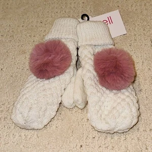 Surell White Color Popcorn Knit Girls Mittens with Faux Fur Pink Pom-Pom  NWT - Picture 1 of 12