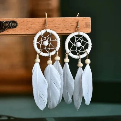 White Bohemian Earrings Dream Catcher Feather Earrings- Boho Long Tassel Stylish - Image 1 of 2