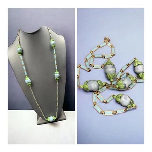 Vintage Necklace Antique blue enameled link capped Berry Necklace 30” - Picture 1 of 10