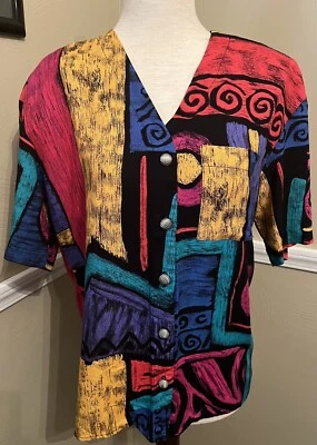 80s Funky Print Short Sleeve Top (Size 8) - Image 1 of 4