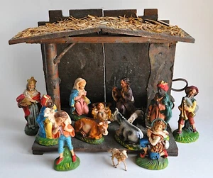 Vintage 14 Piece Lighted Creche Italy Nativity Set Manger Scene Aged Chalkware - Picture 1 of 24