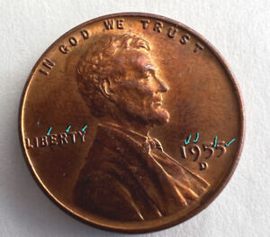 1955 D LINCOLN WHEAT PENNY / DOUBLE DIE ERROR /“L”Liberty On Edge /DDO Red Tone