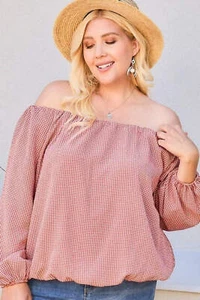 Plus Size Top Long Sleeve Off-the-Shoulder Pink Check Pattern Relaxed Fit - Picture 1 of 10