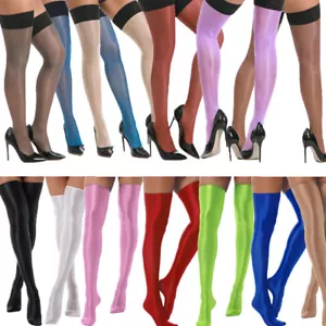 Womens Shiny Oil Hold Up Stockings Thigh High Silk Long Socks Pantyhose Clubwear - Picture 1 of 143