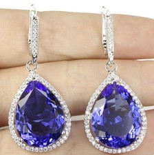 Gemstone Rich Blue Violet Tanzanite, CZ Woman's Silver Earrings