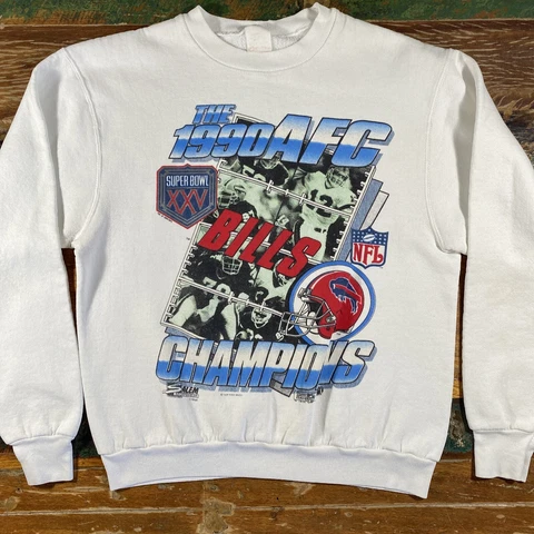 Vintage Buffalo Bills Sweater Adult S White NFL Football 1990 AFC Champions Cover