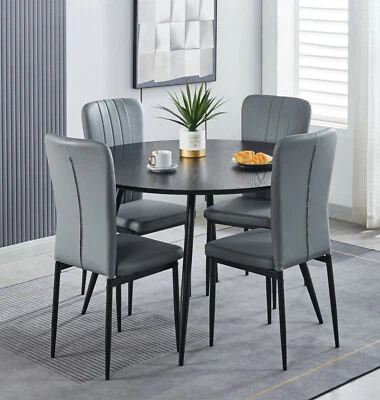 Dining Set, 120cm Black Round Kitchen Table & 4 Grey Faux Leather Dining Chairs - Image 1 of 4