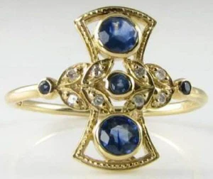 SUBLIME 9CT 9K GOLD BLAU SAPHIR & DIAMANT FAN ART DECO VIKTORIANISCHER INS RING - Bild 1 von 5