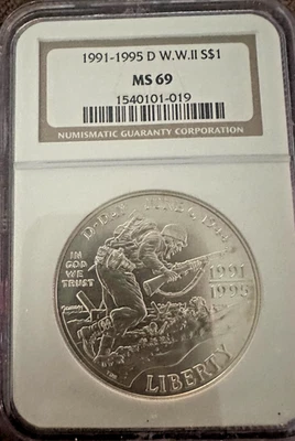 1991 - 1995 D W.W. II S$1 Commemorative Silver Dollar NGC MS69 AWESOME DETAIL - Image 1 of 2