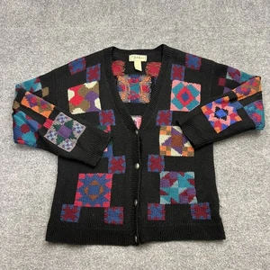LL Bean Sweater Womens Medium Black Wool Patchwork Cardigan Quilted Pattern Knit - Picture 1 of 7