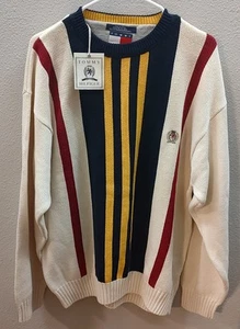 Vtg 1990s Multicolor Striped Tommy Hilfiger 100% Cotton Knit Sweater Large D3 - Picture 1 of 8