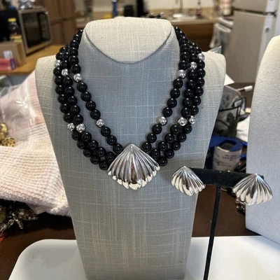 17” Black Bead & Silver Tone 3 Layer Necklace & Screw/Clip Earrings - Image 1 of 4