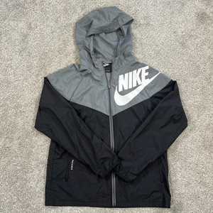 Nike Jugend XL (16) Jacke grau schwarz packbar Windbreaker Kapuze Full Zip Swoosh - Bild 1 von 9