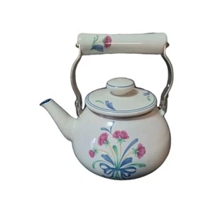 VINTAGE LENOX POPPIES ON BLUE METAL ENAMEL TEA POT KETTLE 8 CUP USA RARE - Picture 1 of 6
