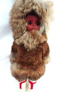 Muñeca esquimal/india vintage 12" de alto piel chaqueta con capucha abierta, botas ojos cerrados - Imagen 1 de 6