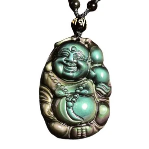 Natural black rainbow obsidian laugh buddha necklace pendant bead with chain - Picture 1 of 15