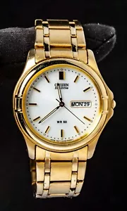 Citizen Eco-Drive Day/Date Gold-Plated Men's Dress Watch -- Working, Ø36mm Case - Picture 1 of 8