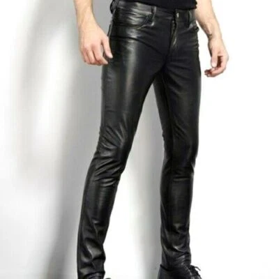 Black Men's Leather Pants Genuine Lambskin Handmade Stylish Casual Biker Party - Image 1 of 4