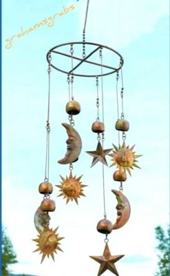 SUN MOON & STARS CELESTIAL HANGING MOBILE CHIME WIND CATCHER PATINA COPPER - Изображение 1 из 3