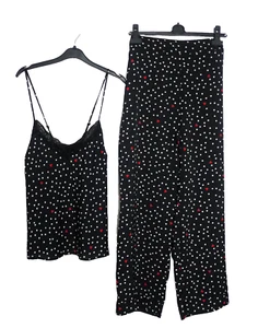 M & S DREAM SATIN CAMI PYJAMA SET POLKA DOT HEARTS BLACK MIX - Picture 1 of 2