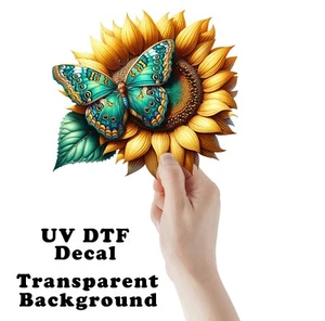 Green Butterfly on Sunflower UV DTF Transparent Sticker / Decal - Picture 1 of 6