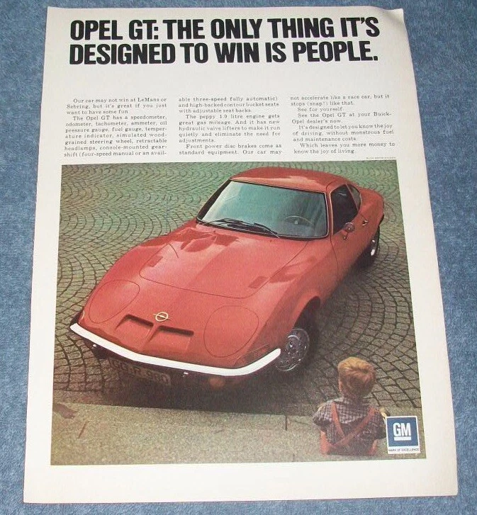 1971 Opel GT Vintage Color Ad "The Only Thing It's Designed to Win is People" - Изображение 1 из 1