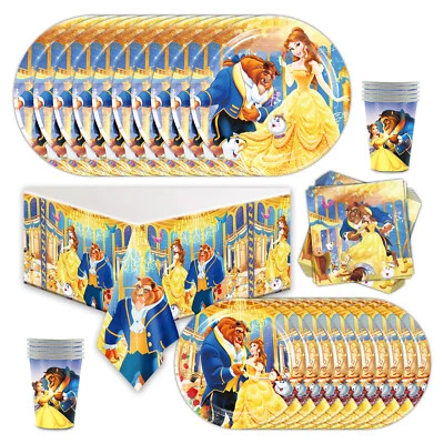 La Bella y la Bestia Cumpleaños Fiesta Suministros Set Platos Tazas Mantel Servilletas Foto 1 de 4