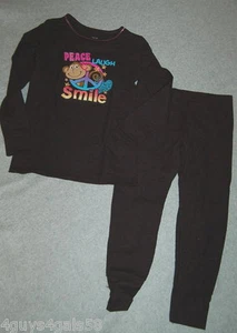 Girls Pajamas Set BLACK Long Underwear MONKEY PEACE SIGN Laugh Smile XS S M L - Picture 1 of 2