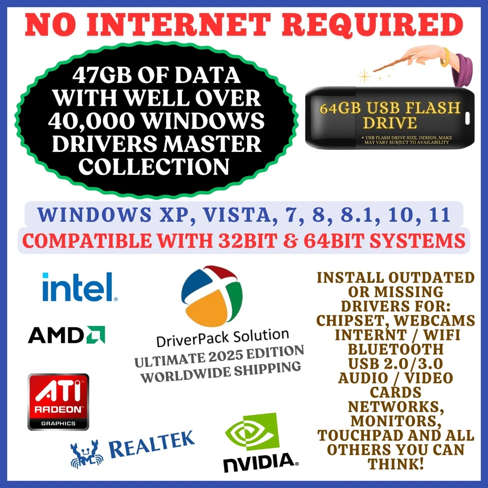 2025 WINDOWS OFFLINE DRIVERS AUTOMATIC INSTALLER USB | VISTA, XP, 7, 8,8.1,10,11 - Image 1 of 2