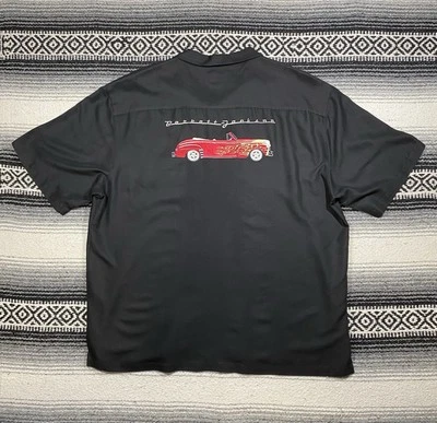 Barrett-Jackson Embroidered Hot Rod Car Camp Shirt Mens 2XL Black Short Sleeve - Image 1 of 4
