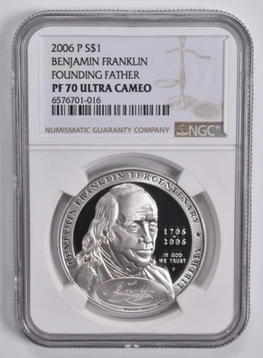 2006-P UCAM Ben Franklin Founder Commem. Silver Dollar PF70 NGC Brown Lbl *3744 - Image 1 of 4
