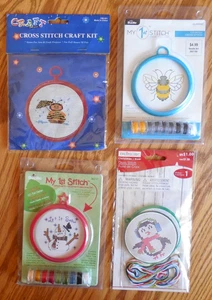 NEW Lot of 4 "Kids" 1st Cross Stitch Kits - Bee*Snowman*Penguin w Hoop Frames - Picture 1 of 2