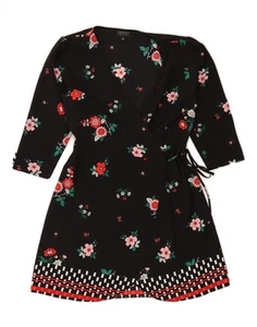 TOPSHOP Womens 3/4 Sleeve Wrap Dress UK 10 Small Black Floral Polyester DE03 - Picture 1 of 3