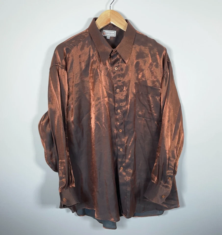 Modena Shiny Metallic Shirt Men's Big 18.5 (2X)  - 34/35 Copper Brown Y2K Club - Image 1 of 4