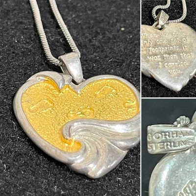 Collar corazón cristiano Gorham plata esterlina "poema huellas" Foto 1 de 4