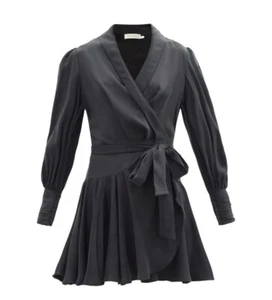 Zimmermann Silk Wrap Mini Dress | Black, LBD, Asymmetric, Sueded Silk, Dolman - Picture 1 of 6