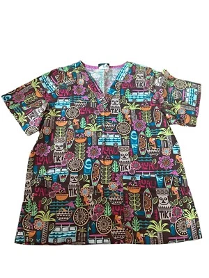 Tafford Tiki Luau Tropical Print 100% Cotton V Neck Scrub Top Small - Image 1 of 2