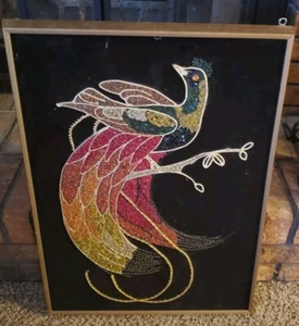 RARE VTG 60's MOSAIC Pebble Gravel Wall Art PEACOCK Bird BLACK VELVET MCM! - Picture 1 of 7