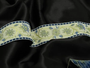 Jacquard Ribbon 1 9/16" (39mm) Blue & Grey Floral on Ivory Priced Per Yard - Picture 1 of 1