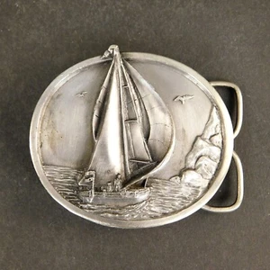 Vintage Pewter Bergamont  Belt Buckle Sailboat on Water Crew Birds Rocks 1983 US - Picture 1 of 9