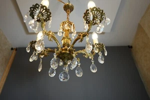 Antique Victorian Ornate Classic Solid BRASS Crystal 5 Lights CHANDELIER FIXTURE - Picture 1 of 9