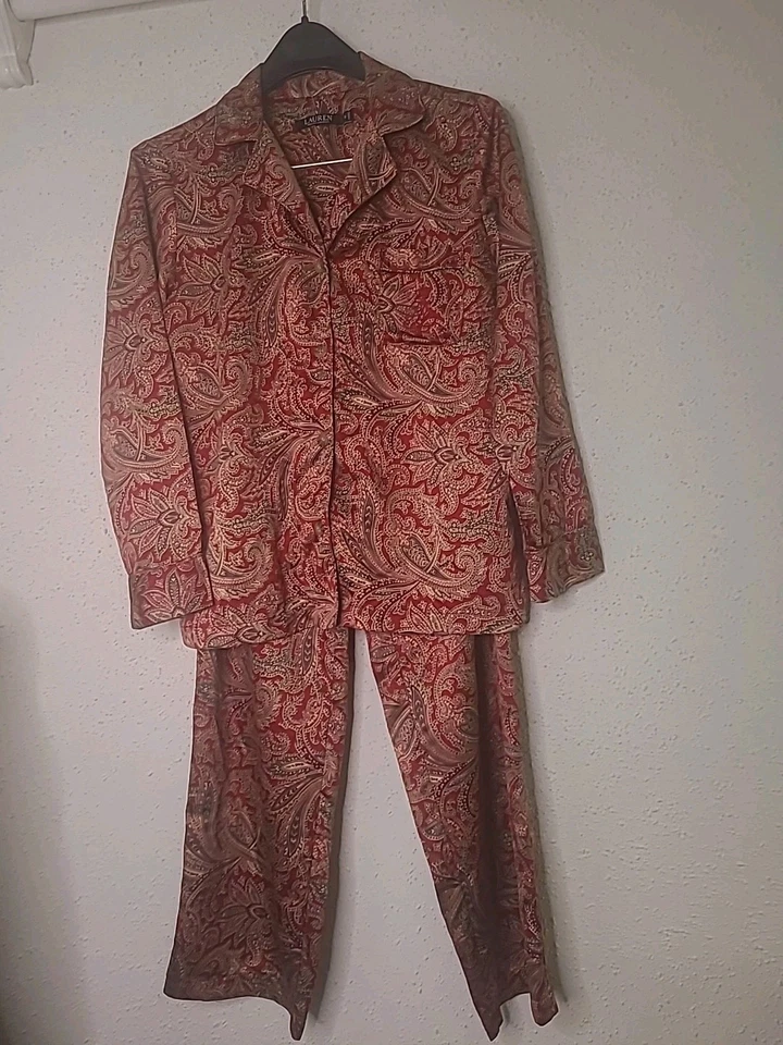 Lauren Ralph Lauren Red Paisley Pajama Set Crown Monogram Royalty Look Womens S - Image 1 of 4