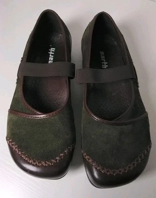 Zapatos Tierra Talla 7 Kalso Mary Jane Cuero Verde Oliva Gamuza Marrón Correa Elástica Foto 1 de 4