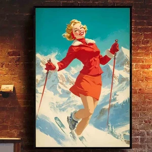 Poster retrò ragazza sci vintage Apres sci sciatore arte da parete loggia alpina arte da parete - Foto 1 di 5