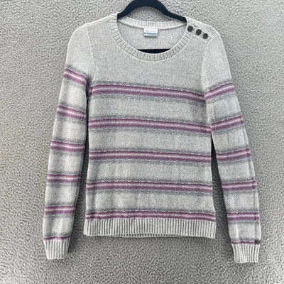 Columbia 羊毛毛衣女式小号灰色紫色条纹温暖户外 Gorpcore — 第 1/4 张图片