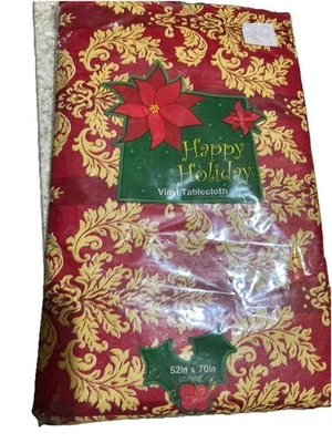 Happy Holliday Vinyl Tablecloth 52x70 In Oblong Red Gold Flannel Back Wipe Clean - Image 1 of 2