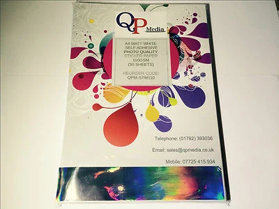 WHITE A4 INKJET MATT 110GSM SELF ADHESIVE STICKER PAPER  PHOTO QUALITY 50 SHEETS - Image 1 of 4