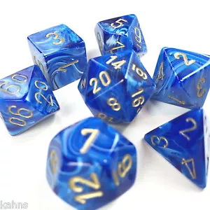 Chessex Würfel Poly - Vortex blau mit Gold - 7er Set - 27436 - Gratis Tasche - DnD - Bild 1 von 2