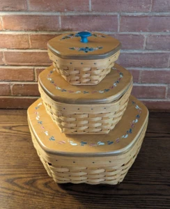 Longaberger Hexagon Baskets Set of 3 with Hand Painted Floral Lids / Protectors - Picture 1 of 12
