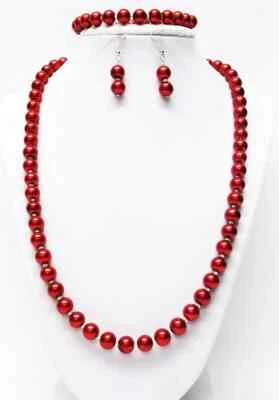 "Juego de collar/pulsera y pendientes de perlas de vidrio rojo de 22"" con cuentas de semillas transparentes" Foto 1 de 4